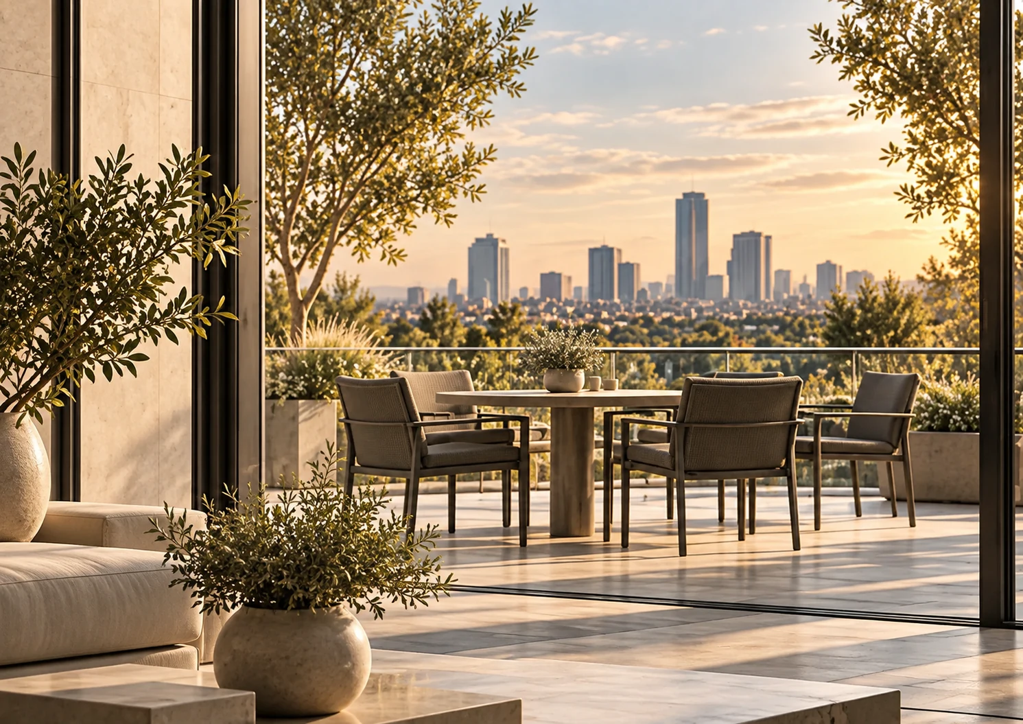 Wohnraum mit Terrasse und Blick auf die Stadt
