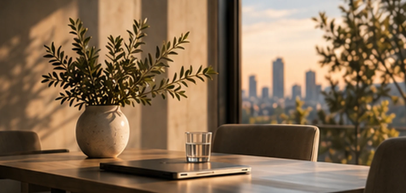 Besprechungstisch mit Pflanzen und Blick auf die Stadt